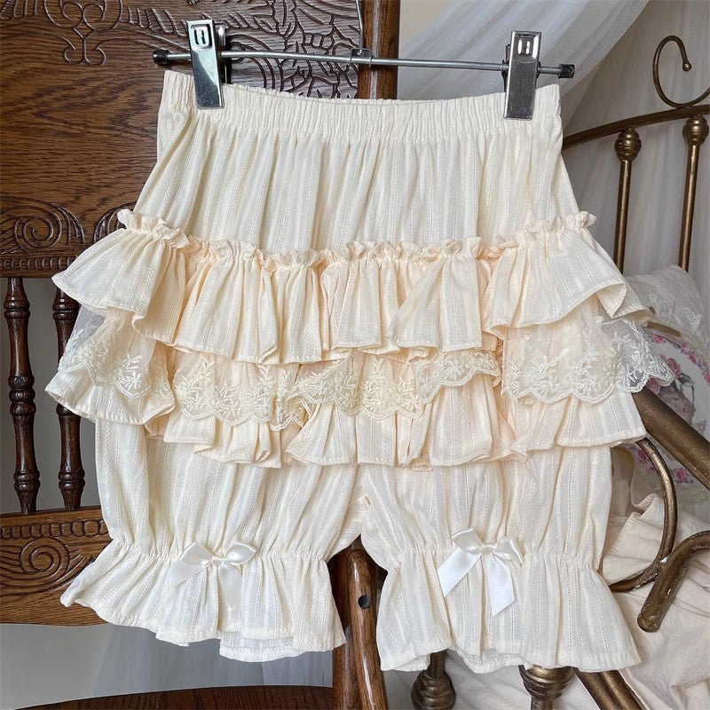 Lace Cotton Layered Lolita Pumpkin Pants 4 Colors - Beige - 5