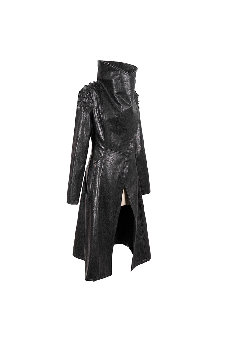 Black/Gray Large Neckline Design Long Leather Shoulder String Decoration Women's Punk Jacket - Product - 6