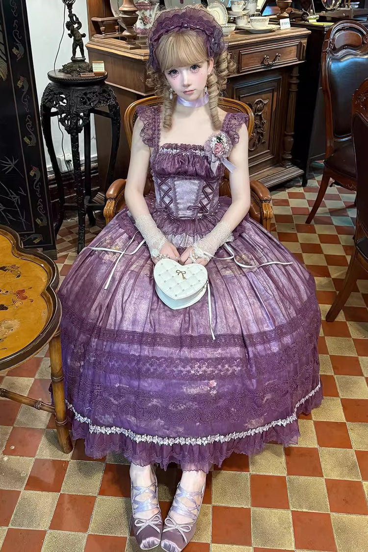 Purple [Mist-shrouded Vineyard] Sleeveless Ruffle Bowknot Lace-Up Sweet Lolita Jsk Skirt Dress Set - Product - 4