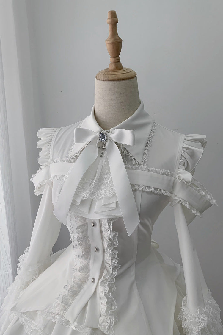 White [Snowy Night Princess] Lapel Collar Long Hime Sleeves Ruffled Bow Lace Gothic Jirai Kei Japanese Skirt Set - Top(Only) - 13