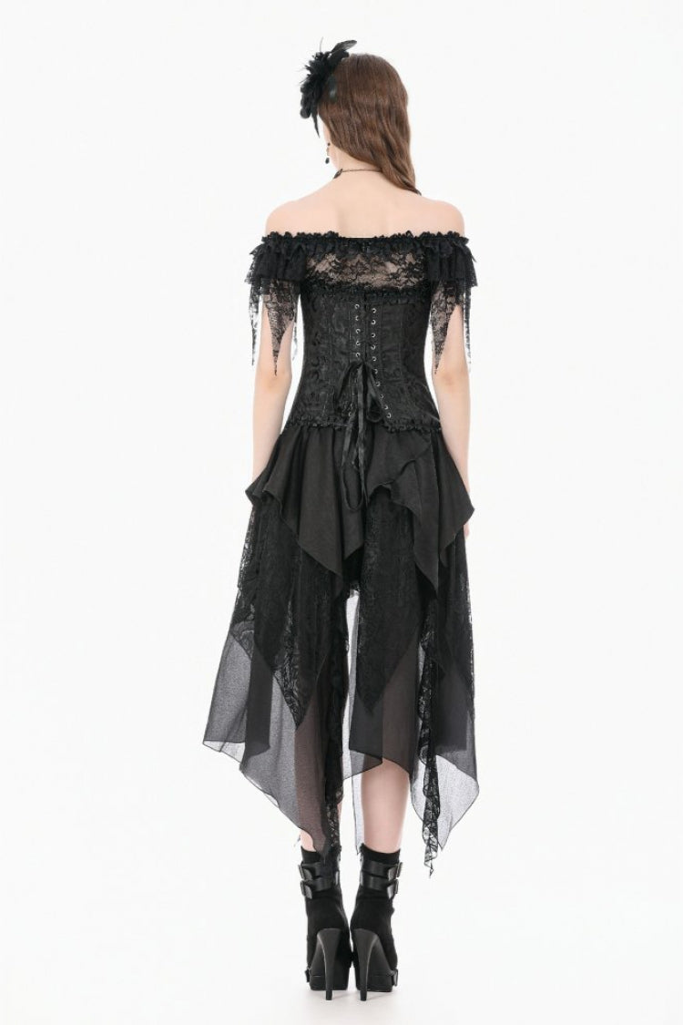 Black Jacquard Ruffled Lace Lace-Up Women's Gothic Overbust Corset - Product - 4
