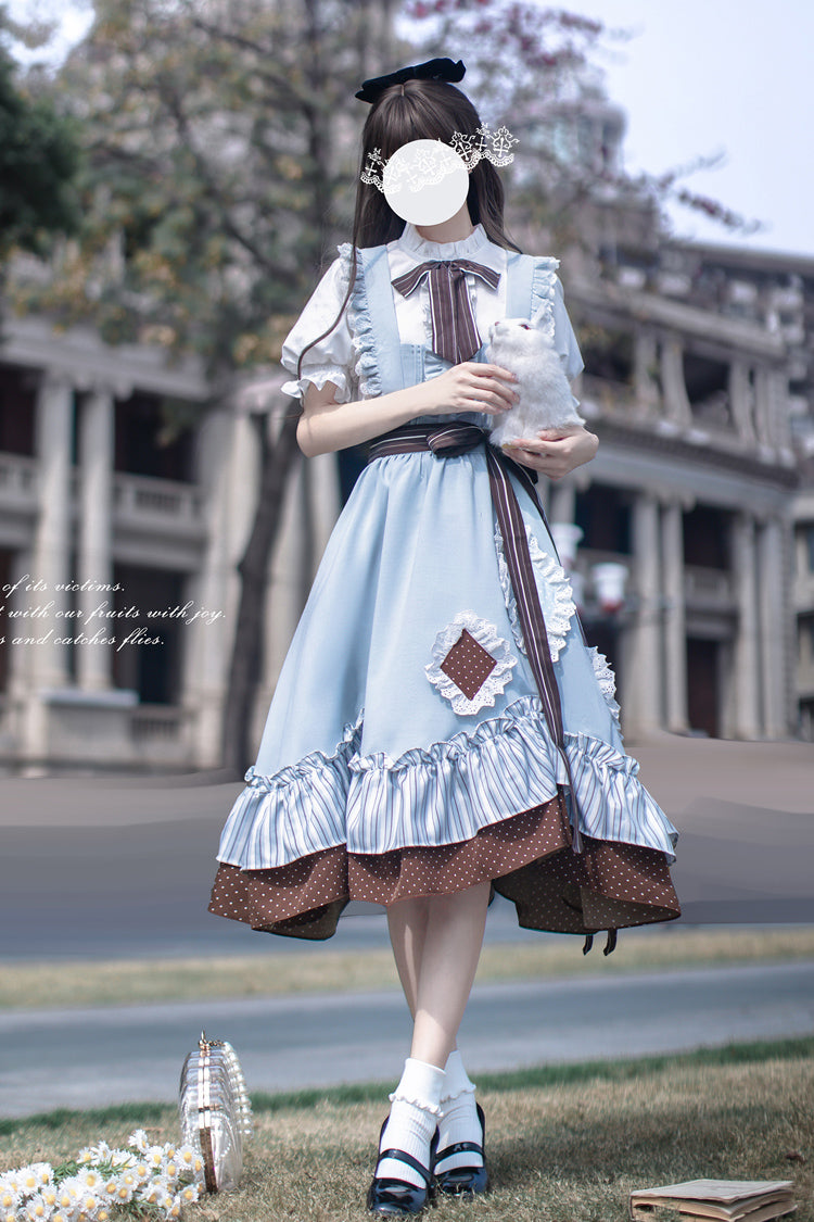 Blue [Magic Vocal Club] Sleeveless Print Ruffle Bowknot Sweet Alice College Style Elegant Lolita Jumper Dress - Blue - 1