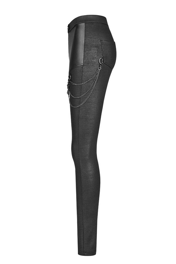 Black Crack Velvet Splice Knit PU Leather Metal Buckle Connect Chain Women's Punk Leggings - Product - 6