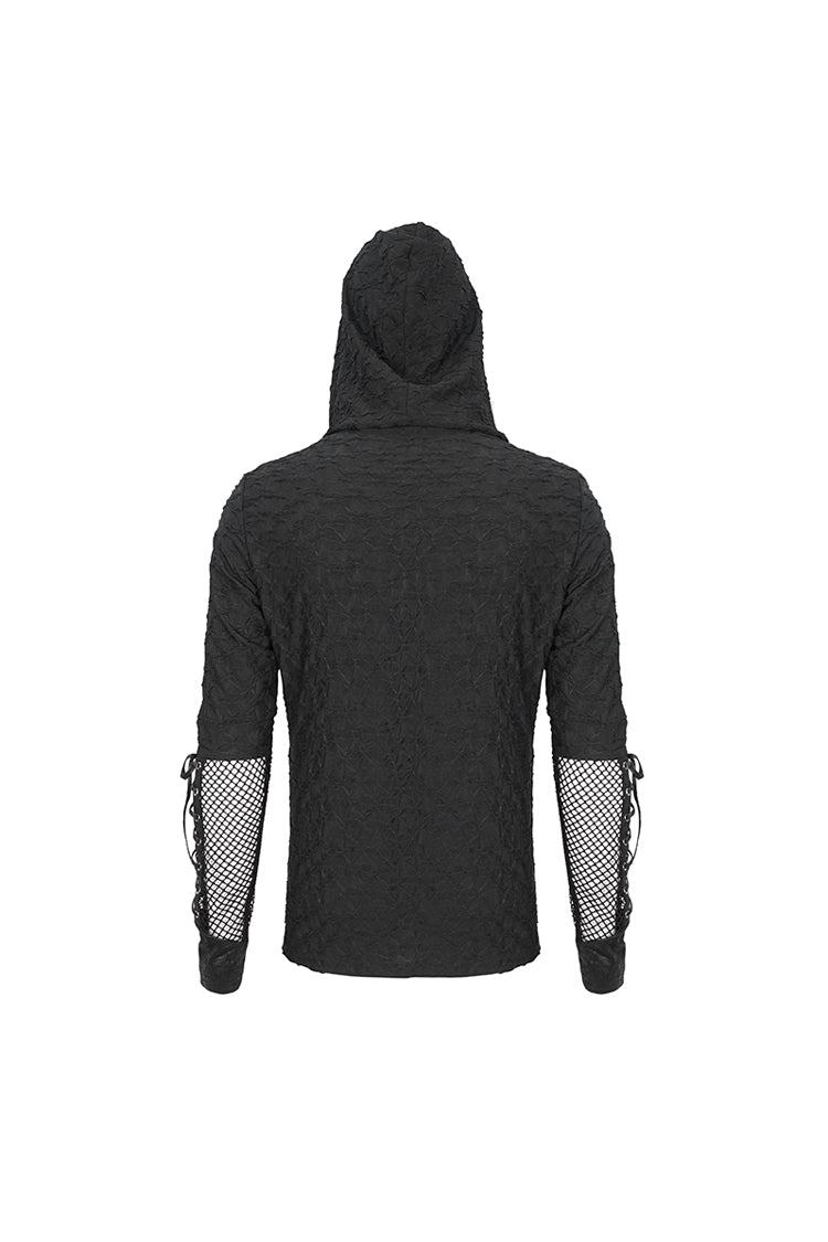 Black Lace Up Mesh Splice Long Sleeve Men's Punk Hoodies - Product - 11