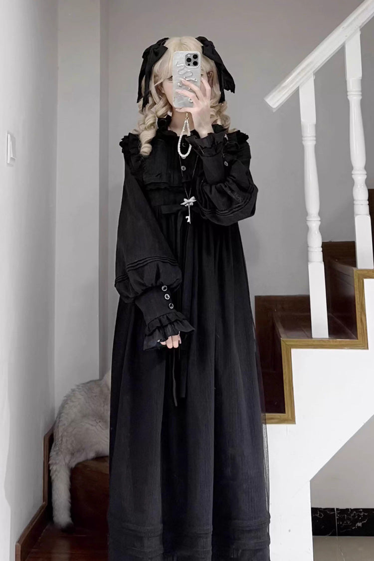 Black Long Sleeves Ruffle Bowknot Lace Gothic Lolita Home Wear Nightdress - Product - 6