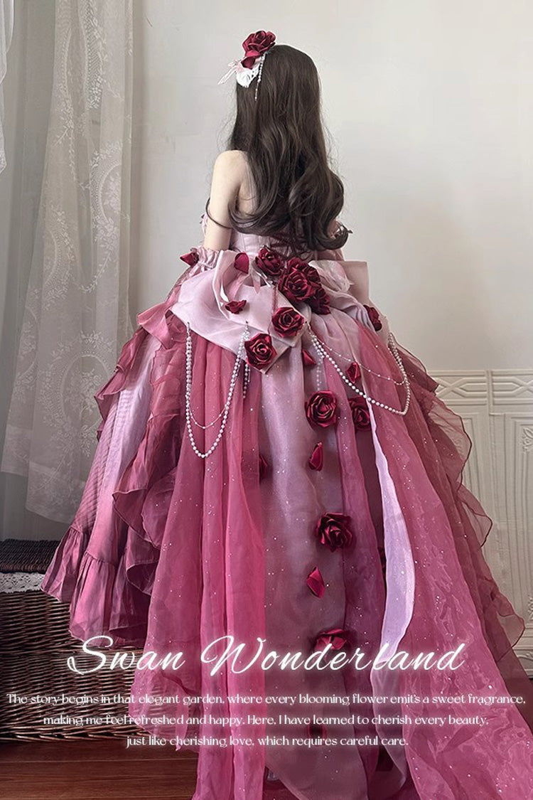 Plum Red [Swan Wonderland] Embroidery Bowknot Lace-Up Short Front Long Back Irregular Sweet Ballet Lolita Jsk Dress - Product - 3