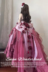 Plum Red [Swan Wonderland] Embroidery Bowknot Lace-Up Short Front Long Back Irregular Sweet Ballet Lolita Jsk Dress - Product - 3