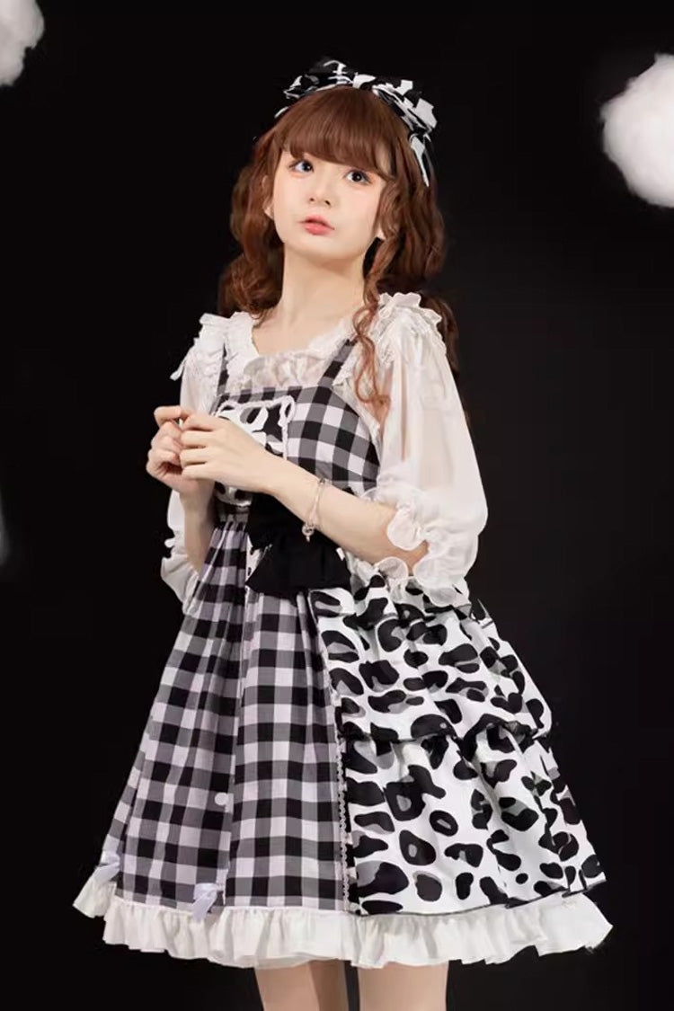 Black/White Plaid Print Cow Ruffle Bowknot Cat Claw Planet Sweet Lolita Jsk Dress - Product - 3