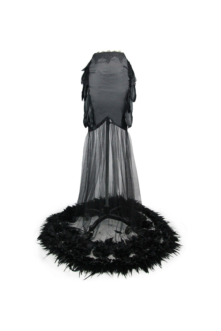Black Mesh Fishtail Flower Feather Hem Long Satin Women's Gothic Skirt - Product - 6