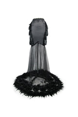 Black Mesh Fishtail Flower Feather Hem Long Satin Women's Gothic Skirt - Product - 6