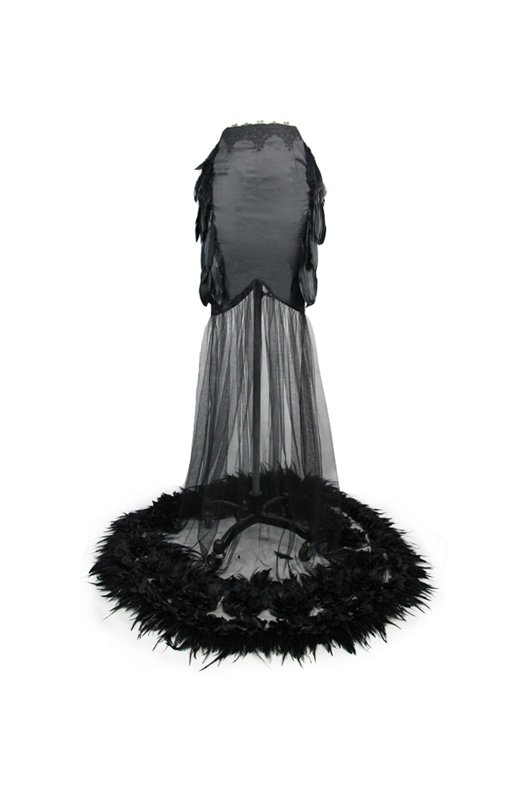 Black Mesh Fishtail Flower Feather Hem Long Satin Women's Gothic Skirt - Product - 6