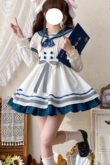 White/Green Navy Collar Short Sleeves Ruffle Bowknot Sweet Lolita Dress - Product - 7