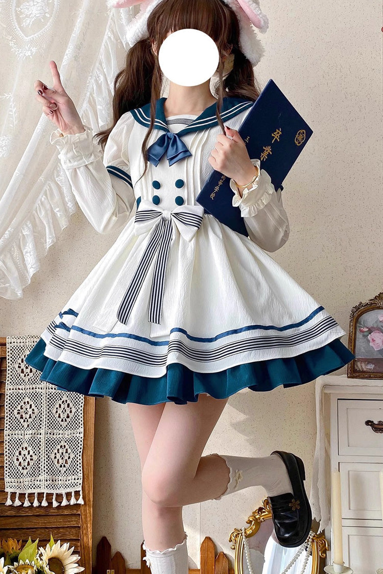 White/Green Navy Collar Short Sleeves Ruffle Bowknot Sweet Lolita Dress - Product - 7