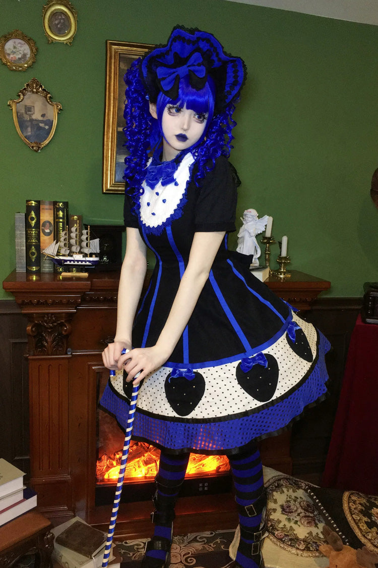 [Miss Peculiar Strawberry] Stand Collar Sleeveless Printed Bow Sweet Lolita Dress 2 Colors (Red, Blue/Black) - Product - 5