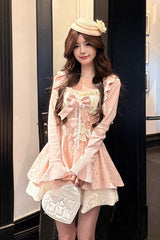 Pink [Honeyed Blossoms] Square Collar Long Sleeves Double-Layered Printed Ruffled Bow Sweet Lolita Dress and Cardigan Set - Pink - 1