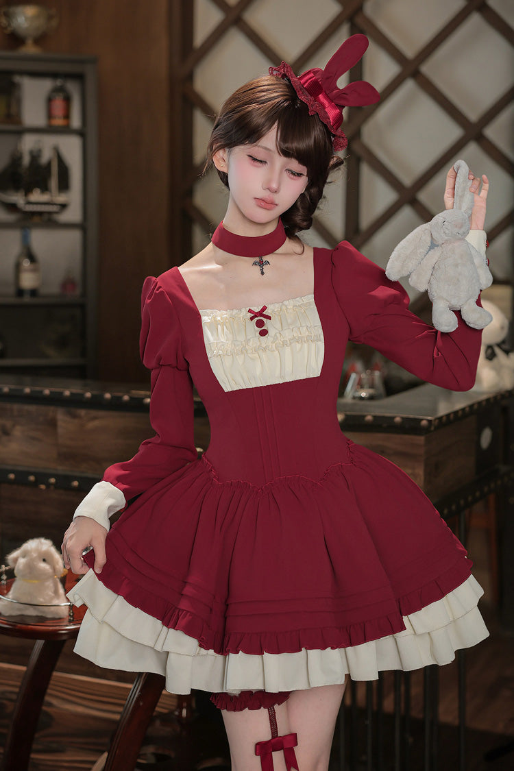 [Liya] Square Collar Long Lantern Sleeves Multi-Layered Ruffled Classic Elegant Lolita Dress 2 Colors (Black, Red) - Red(Dress-Only) - 15