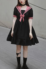 Black Voyage To Atlantis Navy Style Short Sleeves Ruffle Gothic Lolita Dress - Black - 1