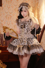 Cream [Golden Spirit • Dream Butterfly] Sleeveless Print Ruffle Bowknot Lace-Up Sweet Princess Lolita Jsk Dress Set - Product - 14