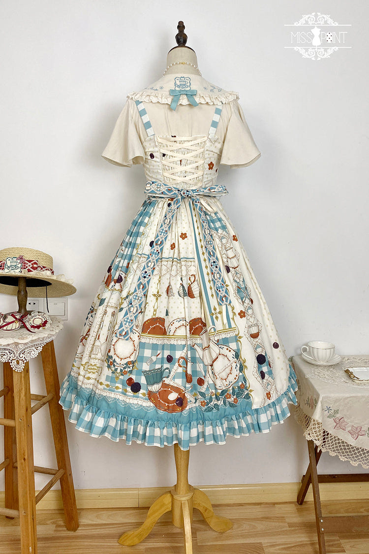 Blue/Green [Tea Party] Print Ruffle Bowknot Lace Sweet Elegant Lolita Jsk Dress - Product - 15