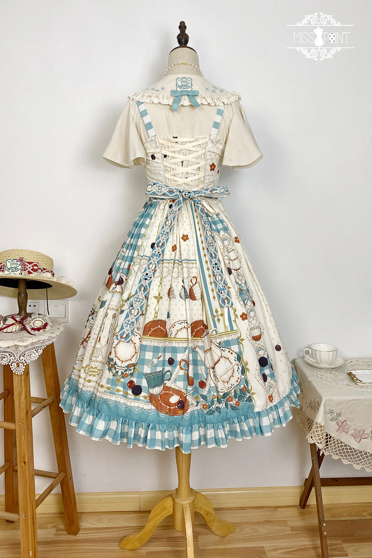 Blue/Green Tea Party Print Ruffle Bowknot Lace Sweet Elegant (Dress Only) detail view 15