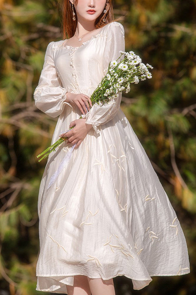 Apricot French Retro Long Lantern Sleeves Embroidery Sweet Lolita OP Dress - Apricot - 1
