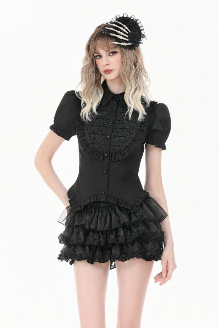 Black Pointed Turn‑down Collar Ruffled Short Puff Sleeves Pleated Women's Gothic Victorian Slim Blouse - Black - 1