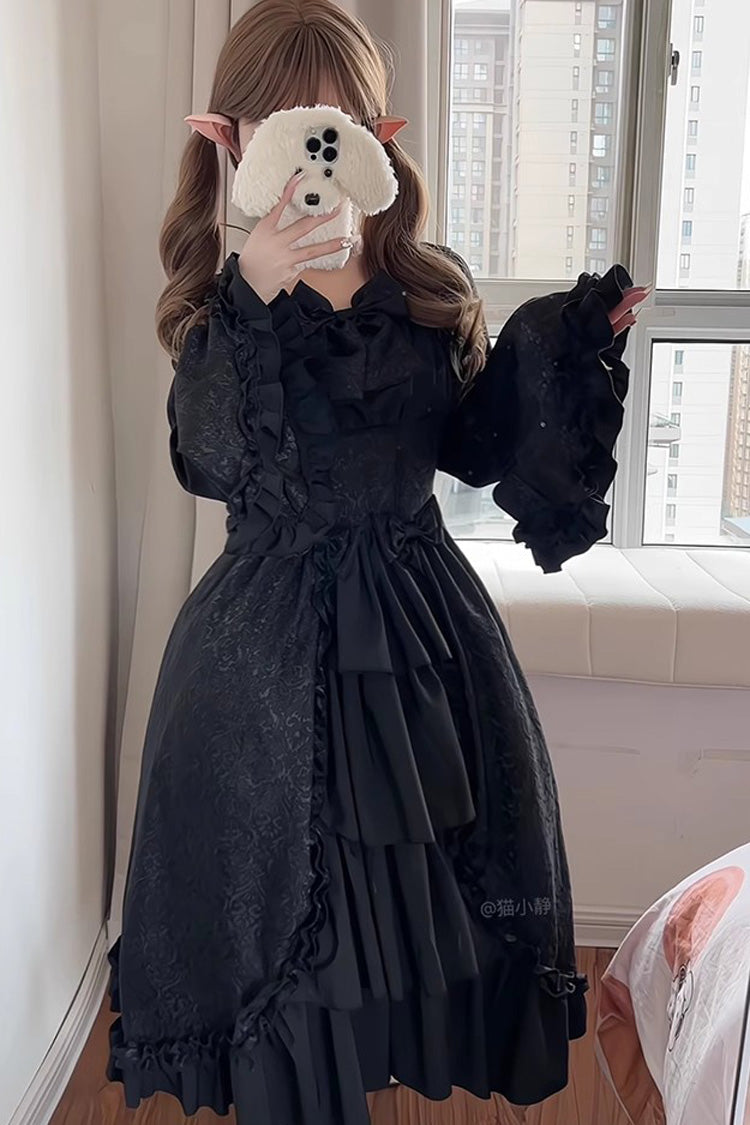 Black Long Hime Sleeves Multi-Layered Ruffle Cardigan Bowknot Gothic Plus Size Lolita Dress - Product - 6