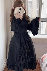 Black Long Hime Sleeves Multi-Layered Ruffle Cardigan Bowknot Gothic Plus Size Lolita Dress - Product - 6