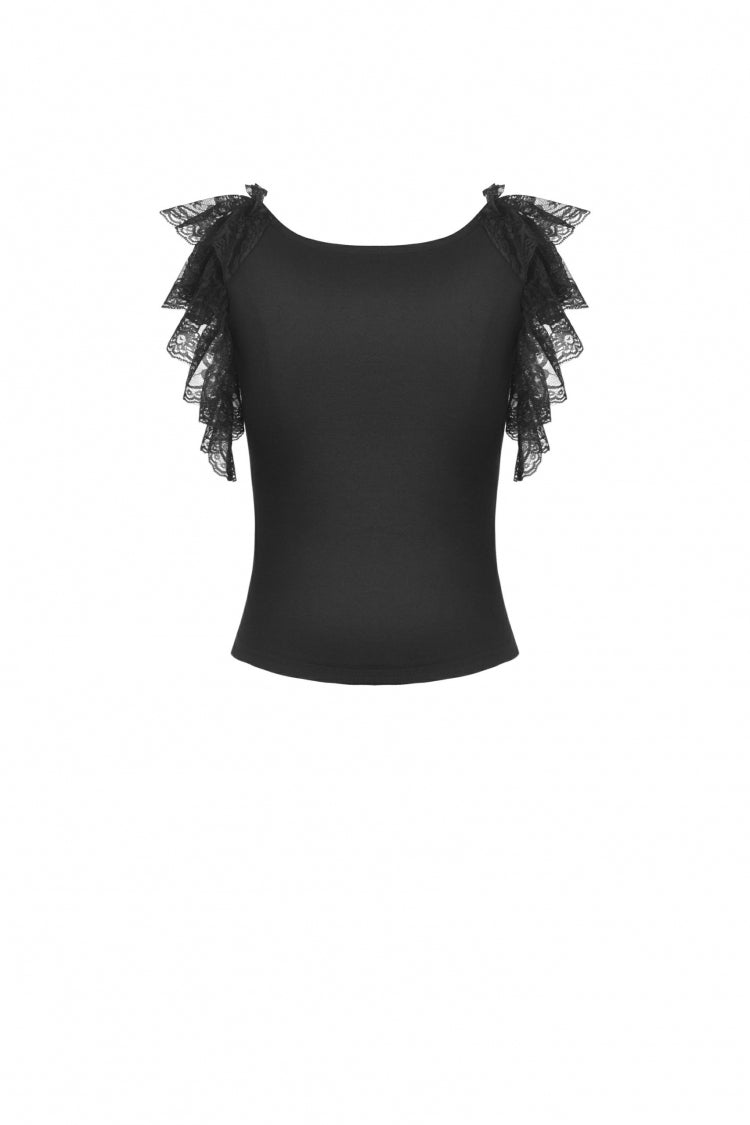 Black Plunging V Collar Short Sleeves Ruffled Lace Sexy Women's Gothic Crop Top - Product - 11