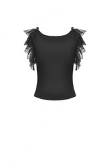 Black Plunging V Collar Short Sleeves Ruffled Lace Sexy Women's Gothic Crop Top - Product - 11