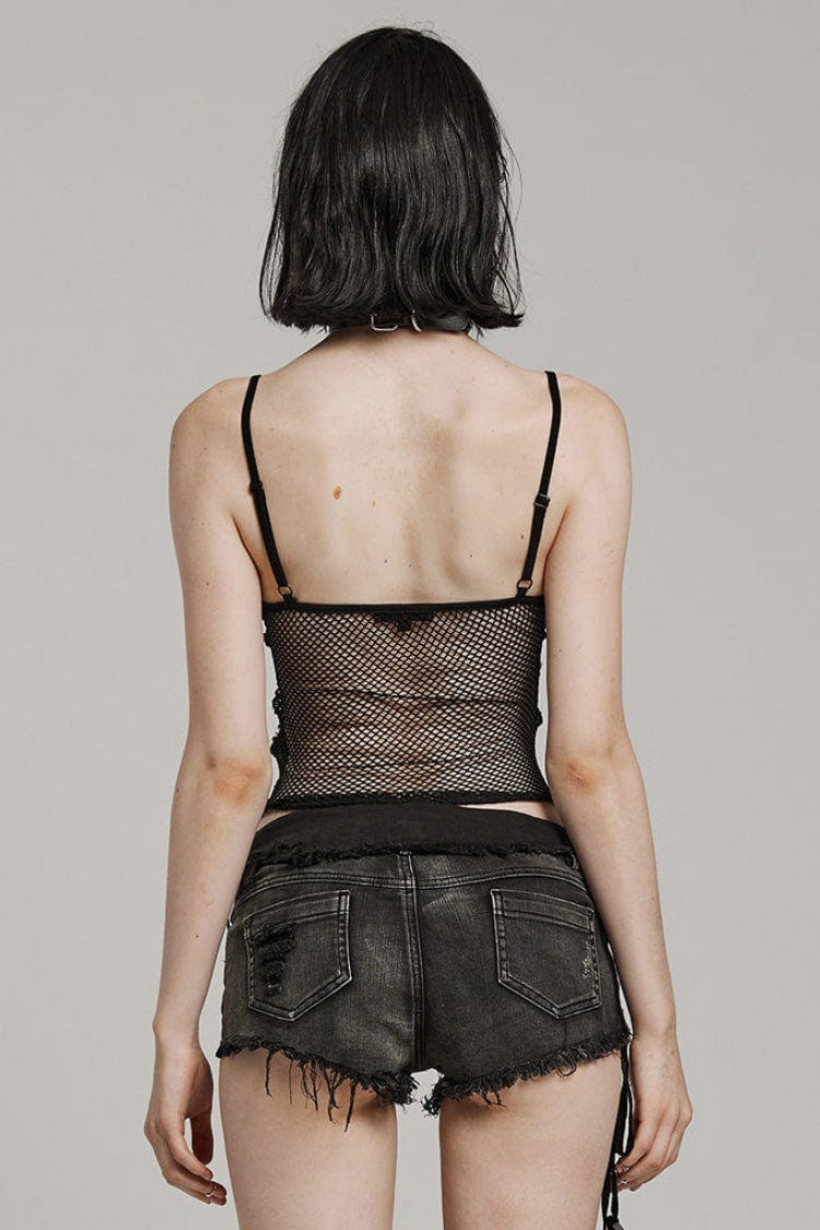 Black Hollow Embroidery Lace Sheer Mesh Adjustable Drawstring Womens Gothic Vest - Product - 3