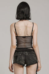 Black Hollow Embroidery Lace Sheer Mesh Adjustable Drawstring Womens Gothic Vest - Product - 3