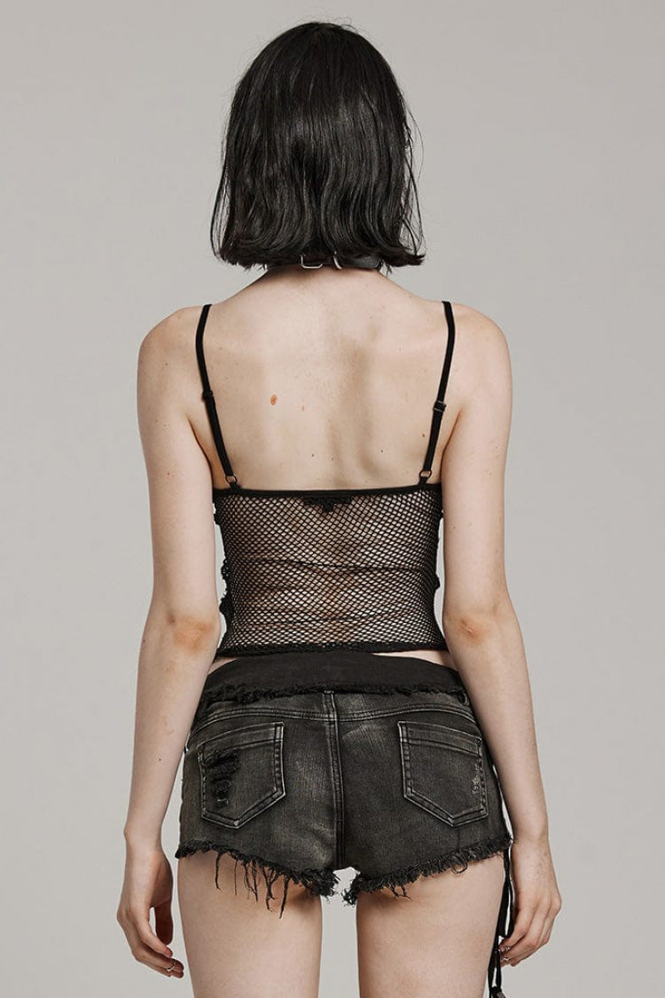 Black Hollow Embroidery Lace Sheer Mesh Adjustable Drawstring Womens Gothic Vest - Product - 3