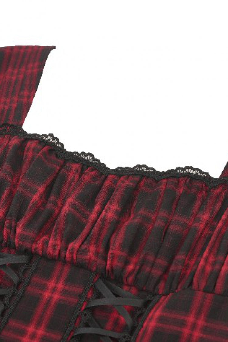 Red/Black Sleeveless Layered Plaid Ruched Women's Cake Dress Graduation Dress - Product - 13