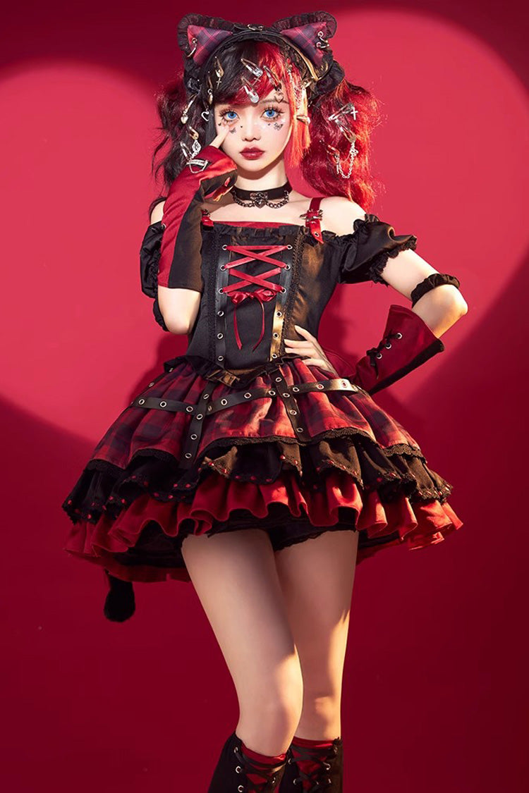 Black/Red Print Ruffle Lace-Up Gothic Japanese Princess Lolita JSK Dress - Black/Red - 1
