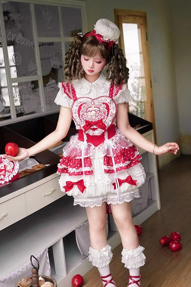 Red/White [Twin Bears] Birthday Cake Sleeveless Print Ruffle Bowknot Lace Sweet Lolita Small Flower Bud Dress - Product - 4