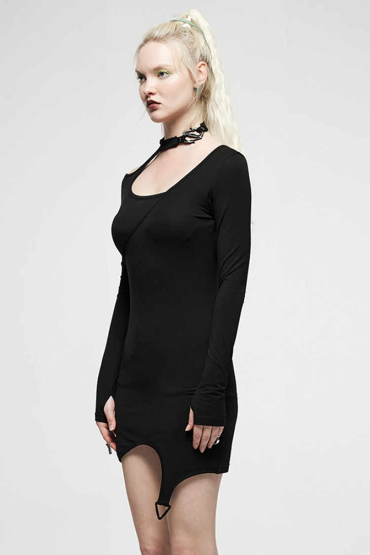 Black Halterneck Slim Asymmetric Women's Punk Dress - Product - 2
