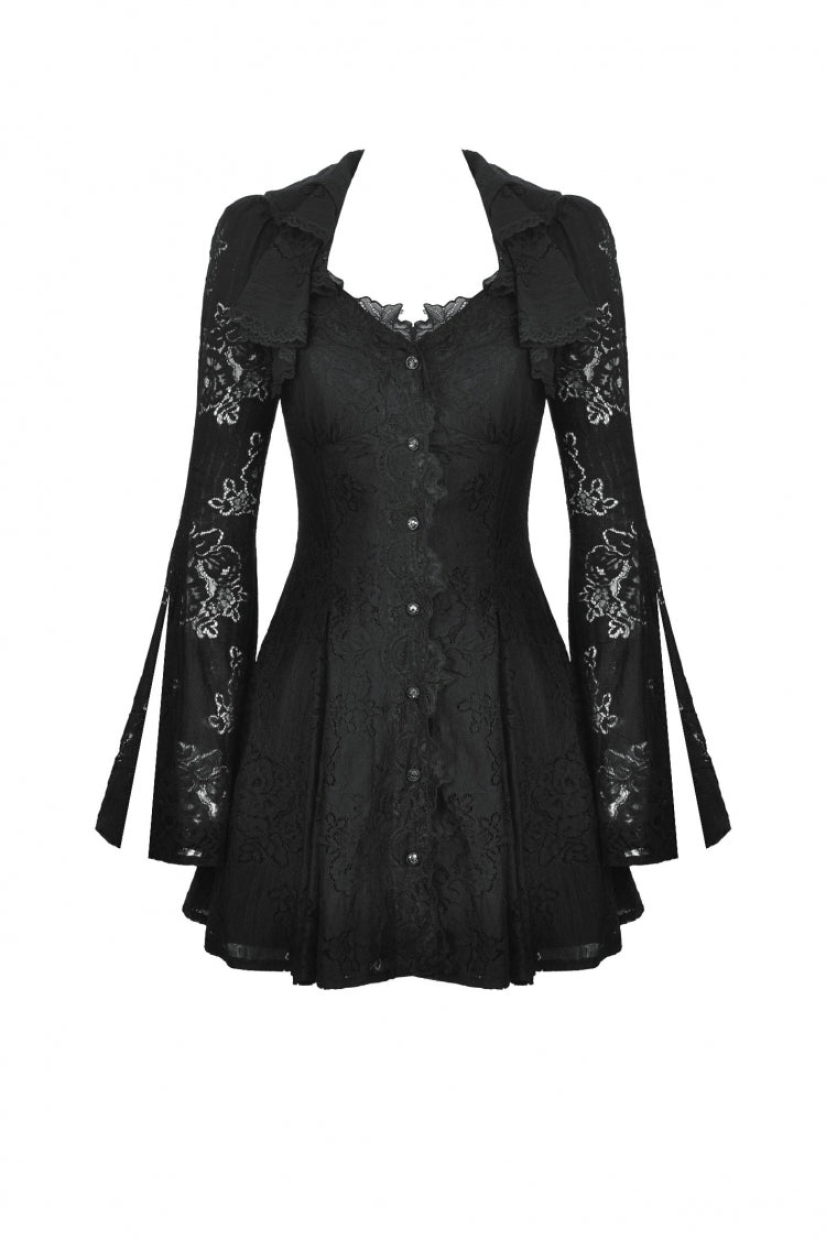 Black Long Trumpet Sleeves Embroidered Lace Lace-Up Women's Gothic Honeymoon Dress - Product - 3