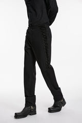 Black Spliced Lace-Up Slim Buckled Men's Gothic Pants - Product - 7