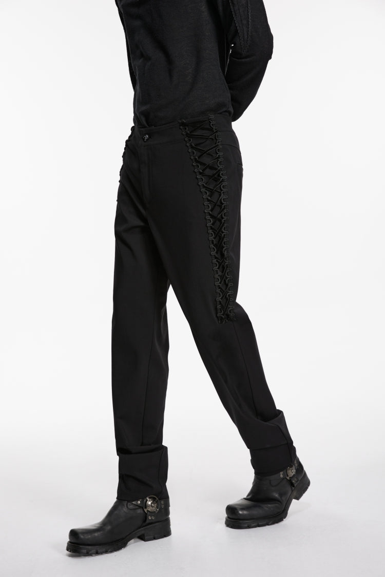 Black Spliced Lace-Up Slim Buckled Men's Gothic Pants - Product - 7