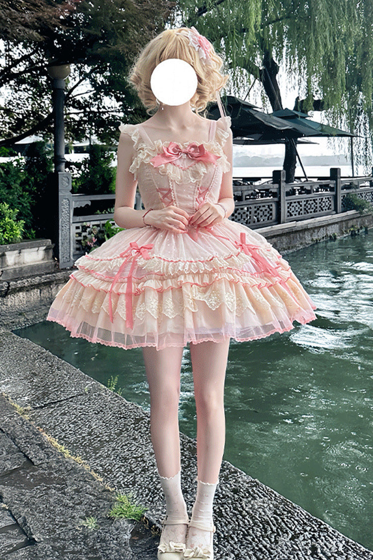 Pink [Candy House] Sleeveless Ruffle Bowknot Lace Lace-Up Sweet Lolita Jsk Dress - Product - 7