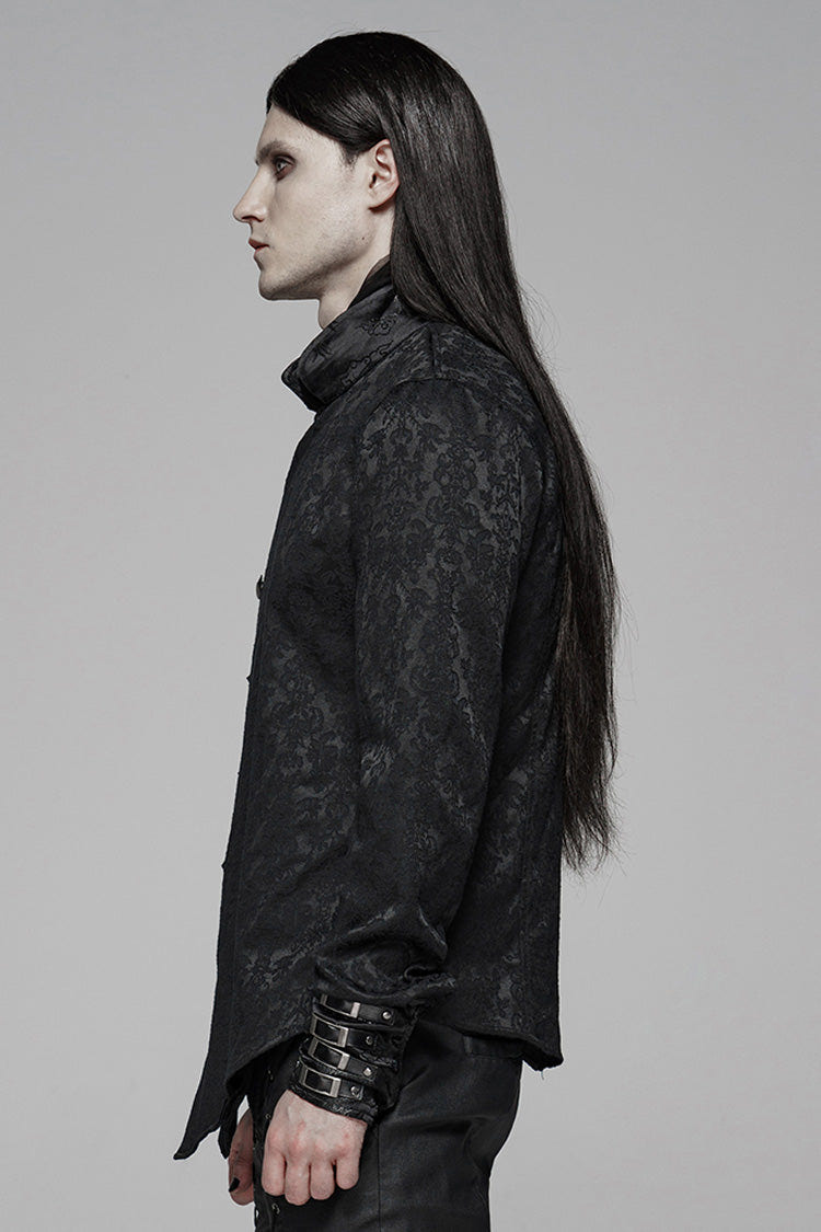 Black Stand Collar Long Sleeves Print Buckle Men's Punk Blouse - Product - 2