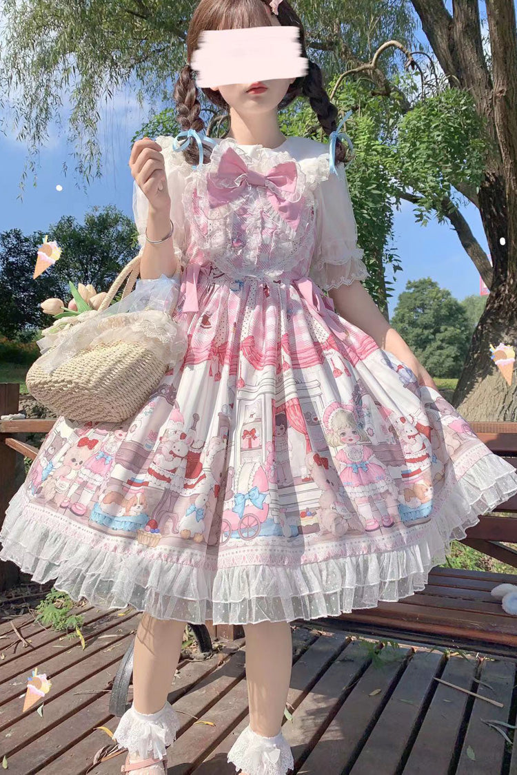 Pink Plush Bear and Doll Print Ruffle Bowknot Lace Sweet Lolita Jsk Dress - Product - 9