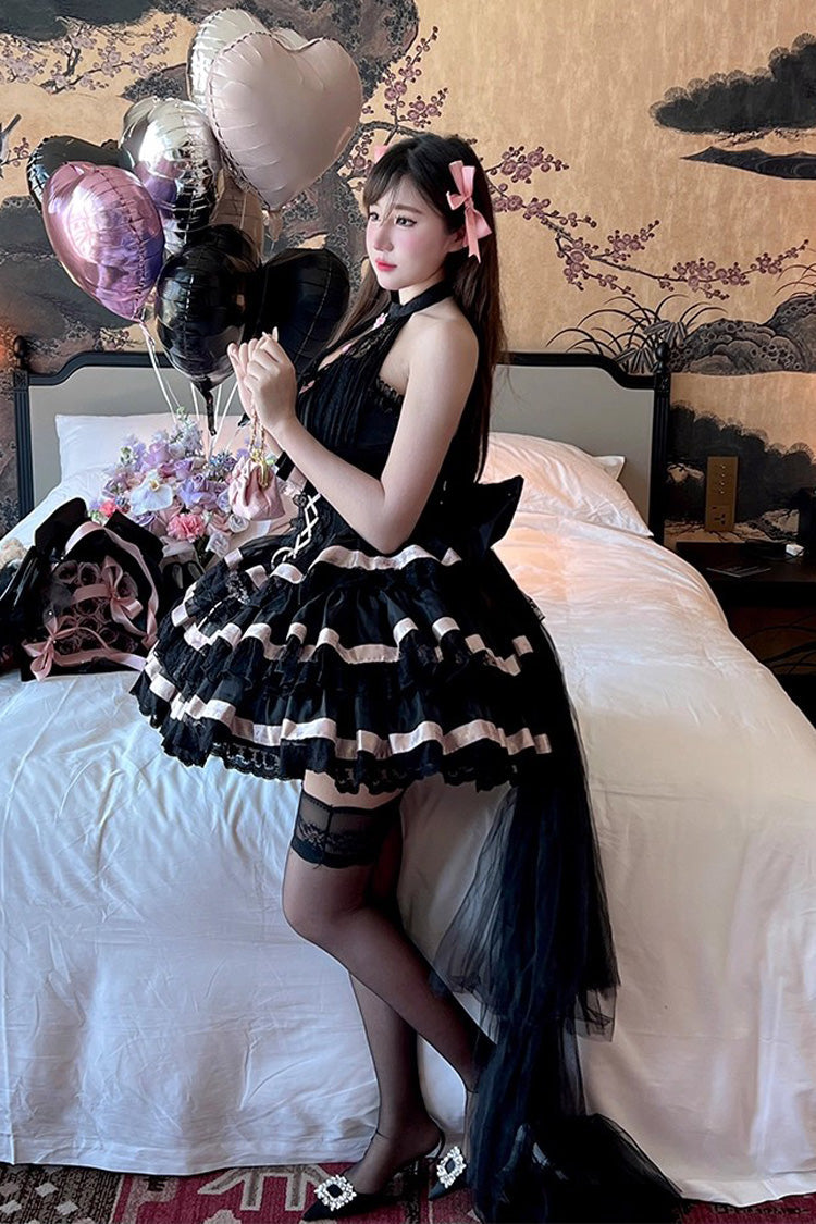Black [Ballet Dream] Halterneck Triple-Layered Ruffle Bowknot Lace-Up Sweet Princess Lolita Dress - Product - 6