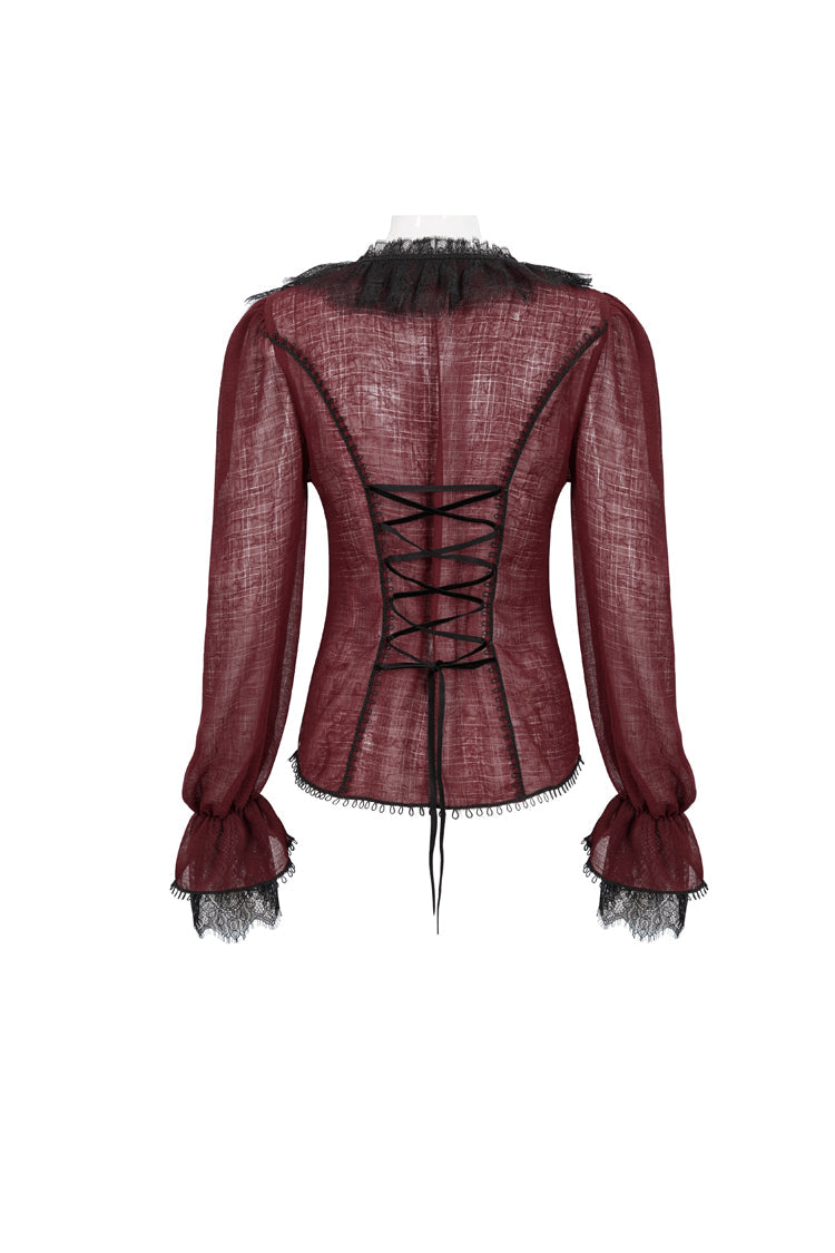 Red Thin Waist Plaid Stitching Layered Lace Long Sleeves Women's Gothic Shirt - Product - 8