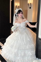 White [Maiden Lace] Off Shoulder Triple-Layered Ruffle Hanayome Bowknot Lace Sweet Lolita Jsk Dress - Product - 3