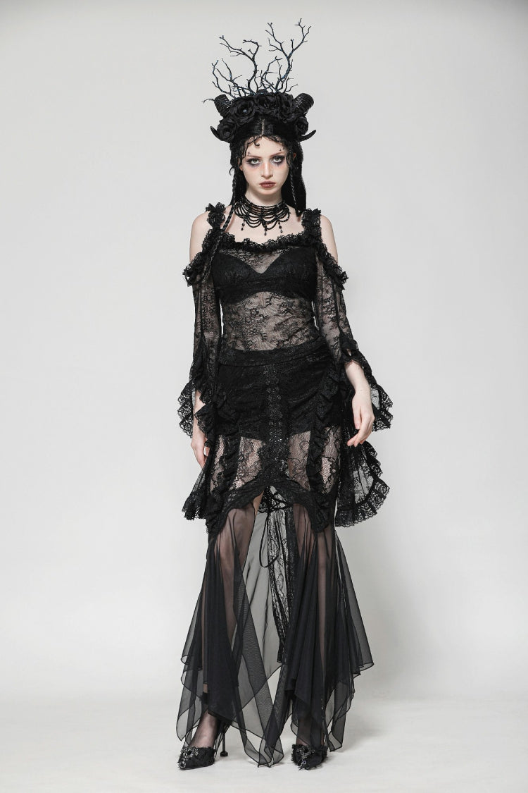Black Lace-Up Mesh Spliced Lace Women's Gothic Fishtailed Skirt - Black - 1