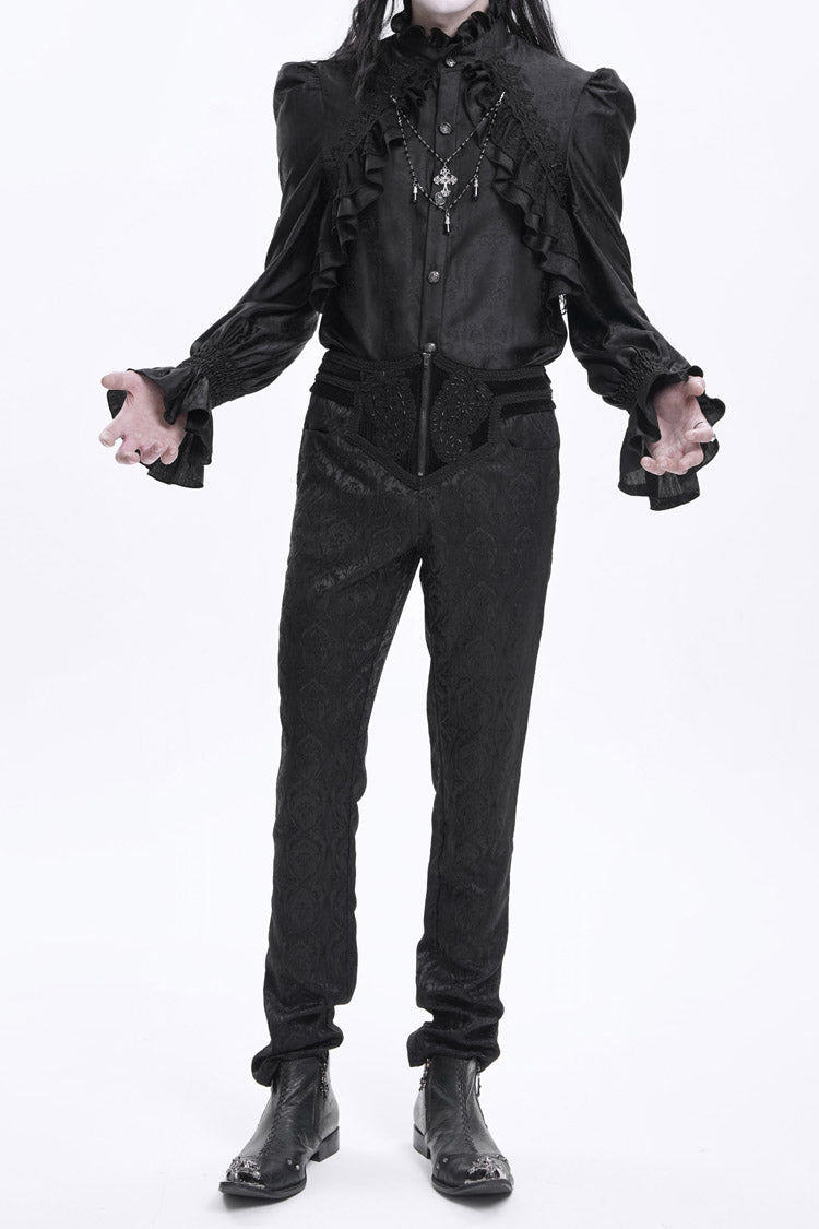 Black Floral Print Embroidery Branded Zip Men's Gothic Pants - Product - 2