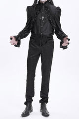 Black Floral Print Embroidery Branded Zip Men's Gothic Pants - Product - 2