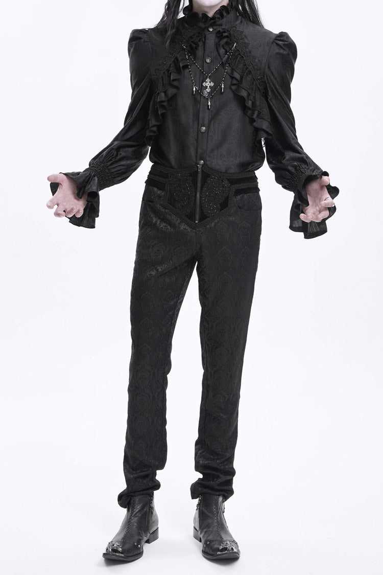 Black Floral Print Embroidery Branded Zip Men's Gothic Pants - Product - 2